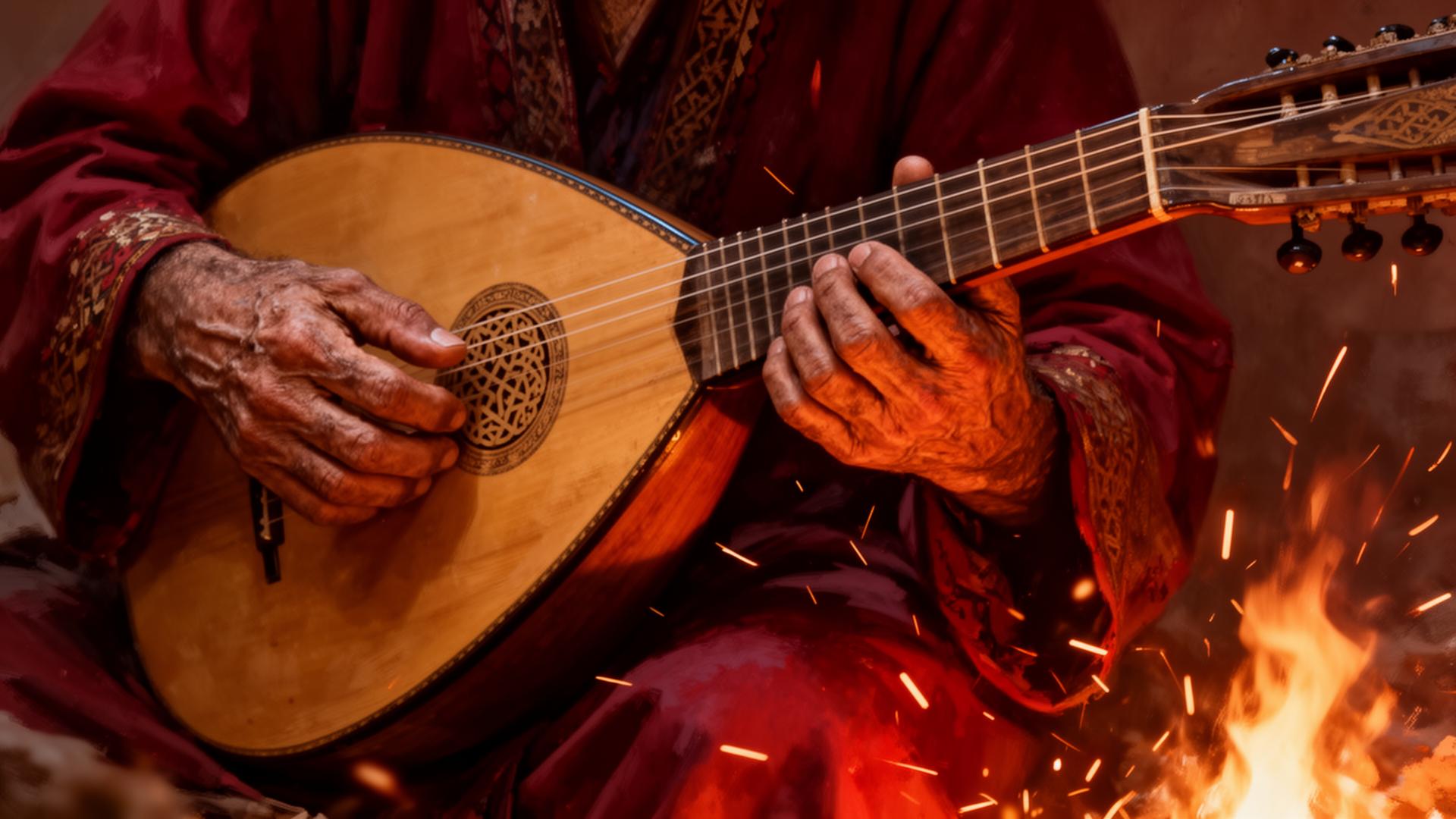 Master playing the outâr by firelight